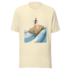 Slide In on a Shrimp Sandwich design — Att glida in på en räkmacka — on a natural t-shirt