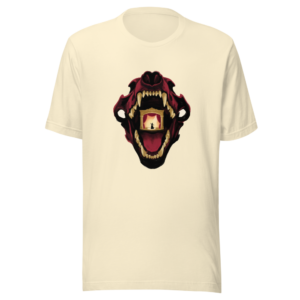 Into the Wolf's Mouth design — In bocca al lupo — on a natural t-shirt