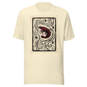 The Sleeping Shrimp design — Camarón que se duerme se lo lleva la corriente — on a natural t-shirt