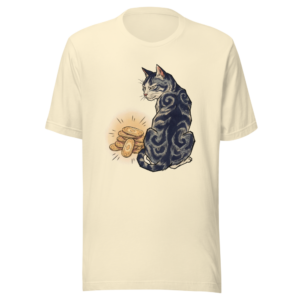 Gold Coins to a Cat design — 猫に小判 — on a natural t-shirt