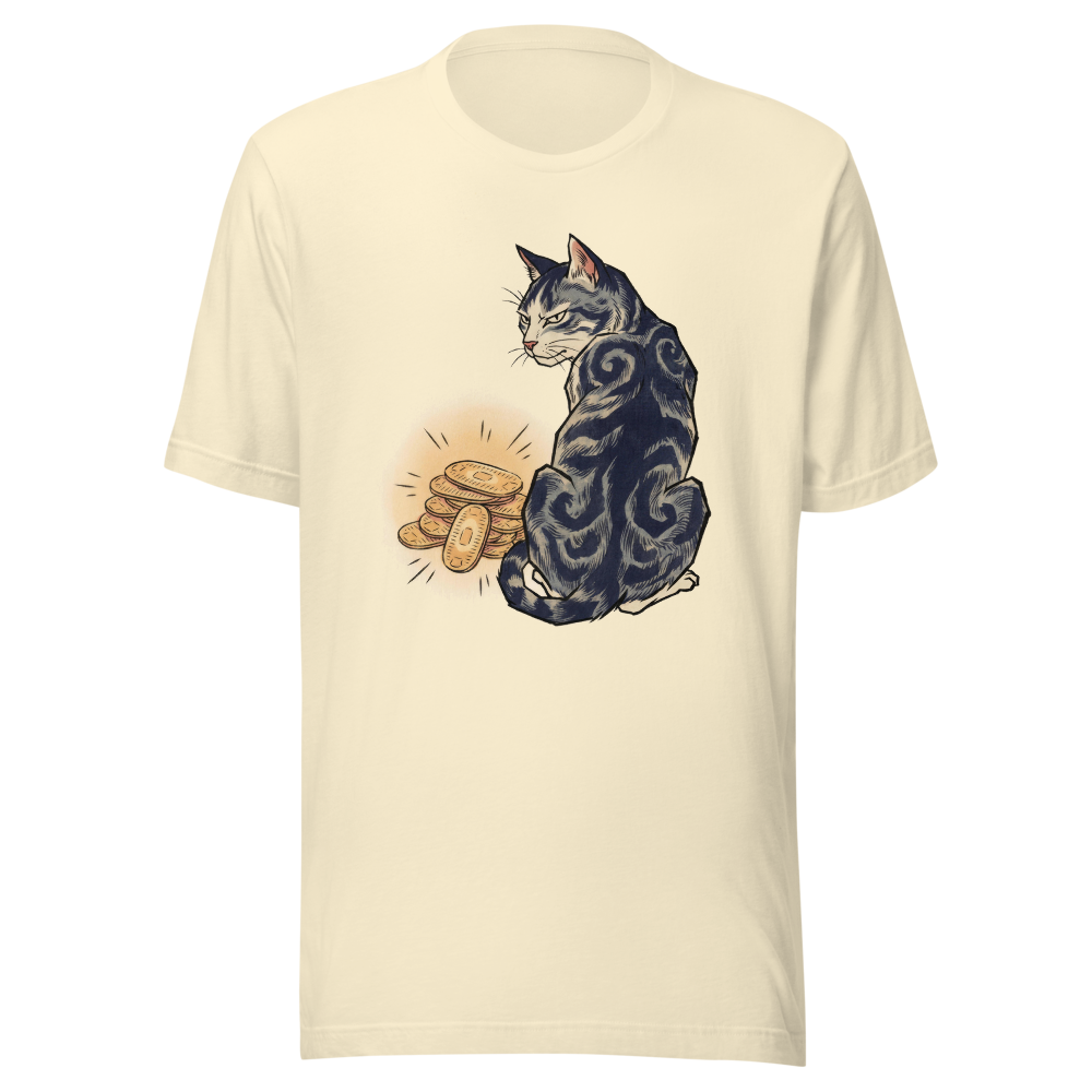 Gold Coins to a Cat design — 猫に小判 — on a natural t-shirt