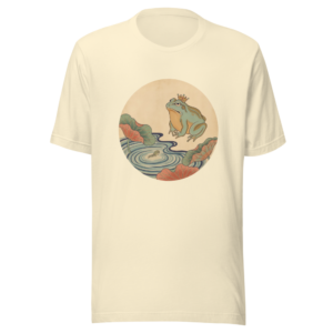 The Frog Forgets the Tadpole design — 개구리 올챙이 적 생각 못 한다 — on a natural t-shirt
