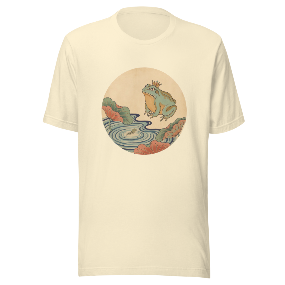 The Frog Forgets the Tadpole design — 개구리 올챙이 적 생각 못 한다 — on a natural t-shirt