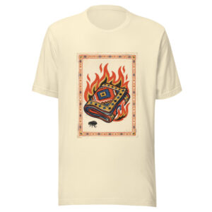 Burning the Quilt for a Flea tee in natural, artwork only